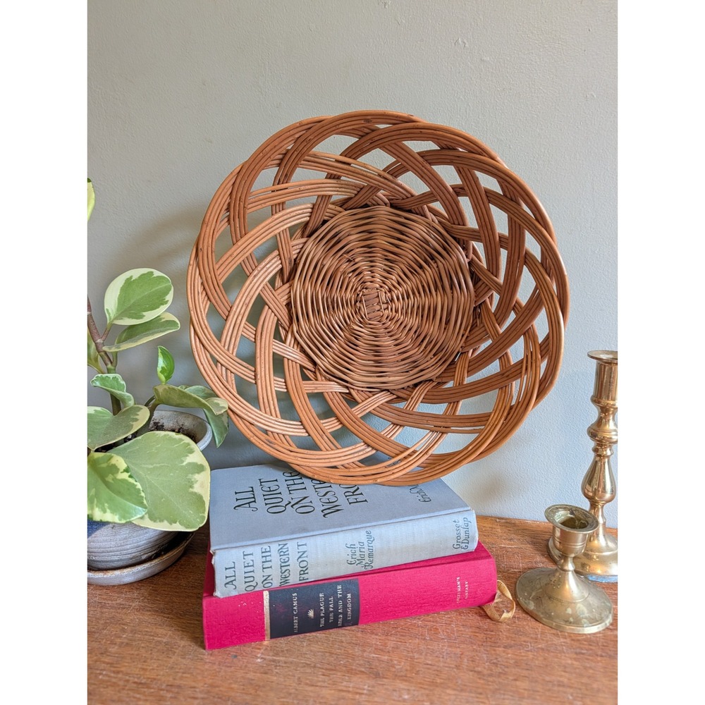 Vintage Wicker Basket Bowl Round Open Weave Lattice Boho Decor Centerpiece 12in